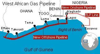 WAGP 경로 : 총길이 (1,033km) - offshore ( 구경 : 510mm) : Benin,Togo,Ghana(569km) - Onshore ( 구경 : 760mm) :