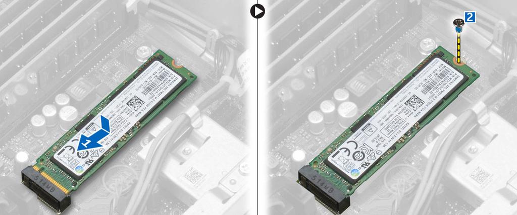 PCIe SSD 카드 ( 옵션 ) 분리 1. 컴퓨터내부작업을마친후에의절차를따릅니다. 2. 다음을설치합니다. a. 덮개 b. 하드드라이브 c. 광학드라이브 3. PCIe SSD 카드를시스템보드에고정시키는나사를제거합니다. 4. PCIe SSD 카드를시스템보드의커넥터에서분리합니다.