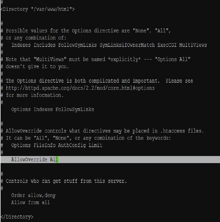 9. Apache 문서루트에서모든재정의를허용시키기위해 vi 로다음파일을연다. $ sudo vi /etc/httpd/conf/httpd.