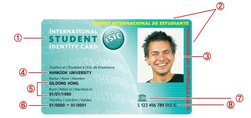3) ISIC 디자인 [ 국제표준기본형 ISIC 디자인 ] [ 외환은행 2x 제휴 ITIC 디자인 ] 1 4 5 2 3 8 6 7 1 앞면왼쪽상단 ISIC 원형로고및 International Student Identity Card 국제적공통명칭형상화 2