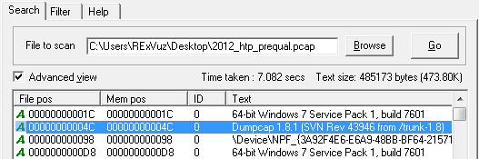 1-2) L02 <Q> 2012_htp_prequal.pcap 파일은어떤도구로캡쳐한것일까? ( 대문자로입력 ) <EQ> What tools be used in capturing this 2012_htp_prequal.pcap file? (Upper case) L01 번문제와마찬가지로 BinText 를이용하여 pcap 파일내의문자열들을보니 Dumpcap 1.