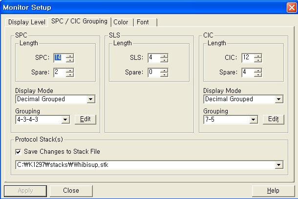 2.5.3.3 SPC, CIC 값구성 구성 (setting SPC, CIC values) SPC, CIC 의구성도변경이가능하며, 2 군데에서가능하다. ( 가 ) 프로토콜스택에디터 (Protocol Stack Editor) : 에디터는프로토콜스택파일에설정되어있는상태를저장할수있다.