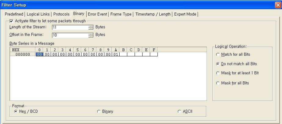 2.5.4.4 바이너리필터 Filter Setup 다이얼로그의 Binary Tab 에서는패턴매칭 (matching) 에의한필터를적용할수있다.