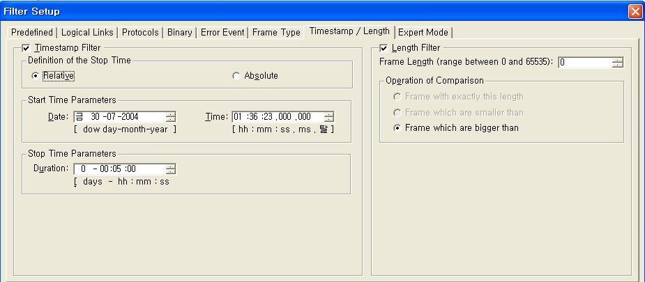 2.5.4.7 타임스탬프와길이필터 Time Stamp / Length 탭에서시간정보를이용하여필터를적용할수있고, 프레임길이에의해서도필터를적용할수있다. Length Filter 주어진길이와 - 똑같을때 - 작을때 - 클때필터를적용할수있다.