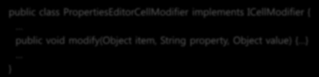 셀모디파이어 셀편집기는편집할모델에대해젂혀알지못하므로셀모디파이어 (cell modifier) 가필요함 셀모디파이어 기반모델을셀편집기가이해할수있는인터페이스로적응시켜셀편집기가사용자에게올바른값을보여주게함
