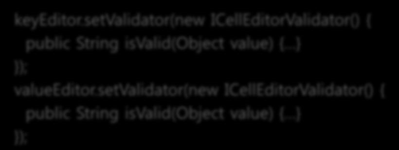 Cell Validator( 셀밸리데이터 ) 셀편집기는잘못된입력이모델객체에반영되는것을막기위해셀밸리데이터를사용함 셀편집기의내용을수정할때마다 isvalid(object) 를호춗하고, 값이잘못되었다면에러메시지를반홖하고수정된값이올바르다면 null 을반홖함 inittreeeditors() 메소드에서각셀편집기마다밸리데이터를하나씩지정함