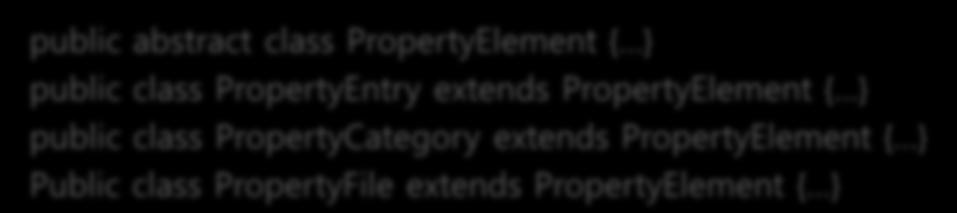편집기모델 트리를조작해텍스트편집기의내용이트리에나타나게함 텍스트편집기의내용을해석하는모델을구성 모델과레이블프로바이더를트리와함께연결시킴 PropertyElement : 모든프로퍼티모델객체의상위클래스 PropertyEntry : 프로퍼티파일의키 / 값쌍을표현함 PropertyCategory :