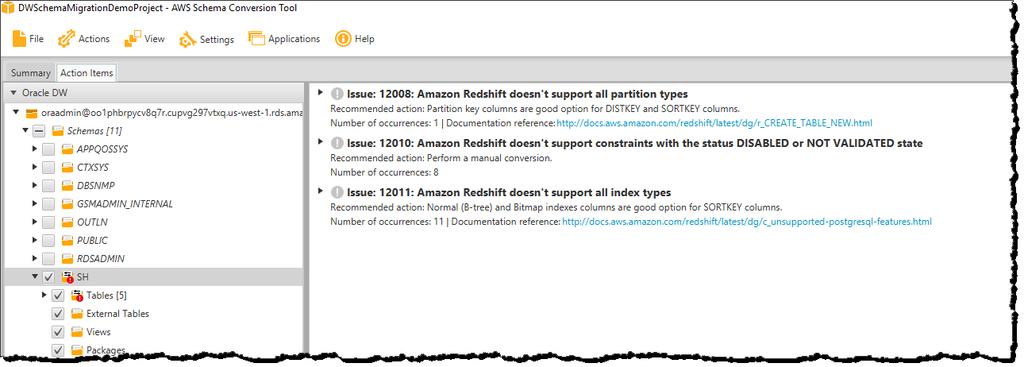 8. 9. 5단계: AWS SCT를 사용하여 Oracle 스키마를 Amazon Redshift로 변환 [Action Items] 탭을 선택합니다. 이 보고서에서는 잠재적인 마이그레이션 문제 및 이 문제를 해결하는 조치와 더불어 AWS SCT를 사용하여 변환할 수 있는 객체 유형에 대해 다룹니다. 이 연습에서는 다음과 같은 항목이 표시됩니다.