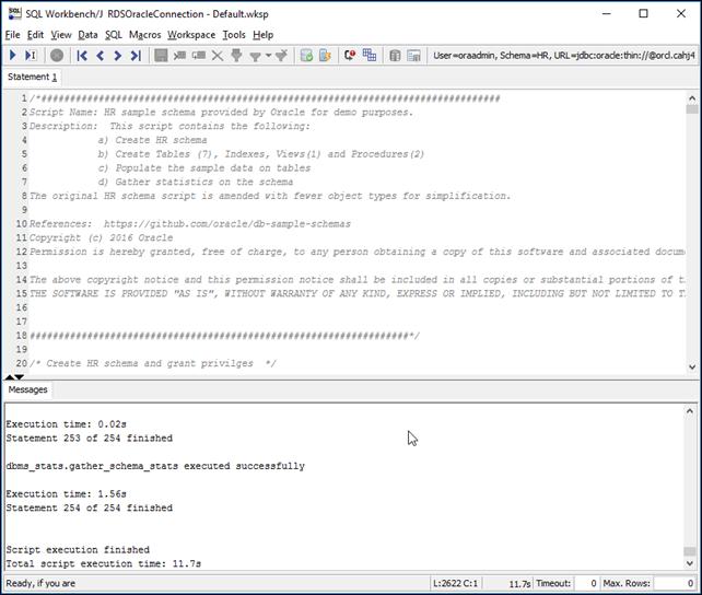 3단계: Oracle DB Instance와의 연 결을 테스트하고 샘플 스키마 생성 스크립트를 실행하면, 사용자 HR이 없음을 나타내는 오류 메시지가 반환됩니다. 이 오류를 무시하 고 스크립트를 실행할 수 있습니다. 이 스크립트는 사용자를 생성하기 전에 이 사용자를 삭제하므 로, 오류가 발생합니다. 4.