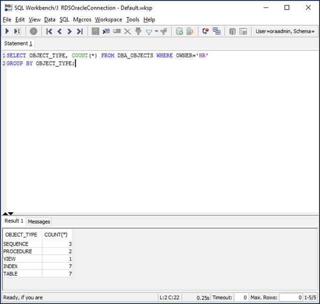 SEQUENCE 3 TABLE 7 VIEW 1 5. 3단계: Oracle DB Instance와의 연 결을 테스트하고 샘플 스키마 생성 다음 SQL 쿼리를 실행하여 HR 스키마에서 제약 개수를 확인합니다.