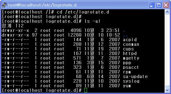 create 0664 root utmp rotate 1 } 위의설정은 wtmp에대한설정을하는것이다. 한달단위로순환을하며, 백업은한달을보관하고, 백업파일은 root 사용자와 utmp 그룹의소유로 644 퍼미션을부여한다. [06] /etc/logrotate.d 이곳에는데몬들의로그순환설정을담고있는파일들이있다. 위의파일중 yum 파일을살펴보자.