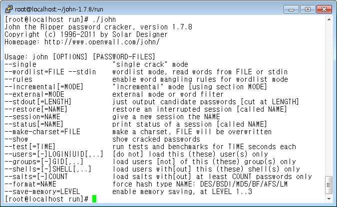 make linux-x86-any ⅴ. john-1.e 사용법확인 ➁ 테스트계정생성및패스워드설정 ⅰ. 패스워드크래킹을위한테스트계정들추가 useradd user passwd user ⅱ.