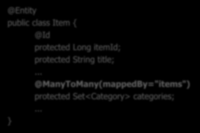 protected Long categoryid; protected String name; @ManyToMany protected Set<Item> items; public class