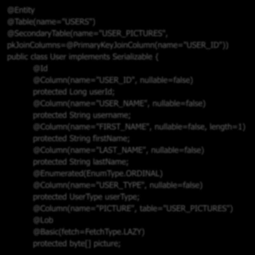 개요 다양한 annotation 을이용한매핑 @Table(name="USERS") @SecondaryTable(name="USER_PICTURES", pkjoincolumns=@primarykeyjoincolumn(name="user_id")) public class User implements Serializable {