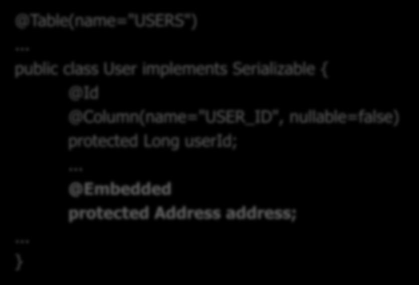내장가능 (embeddable) 클래스매핑 내장가능객체는엔티티를위한편리한데이터저장공간이며 identity 가없음 @Table(name="USERS") public class User implements Serializable