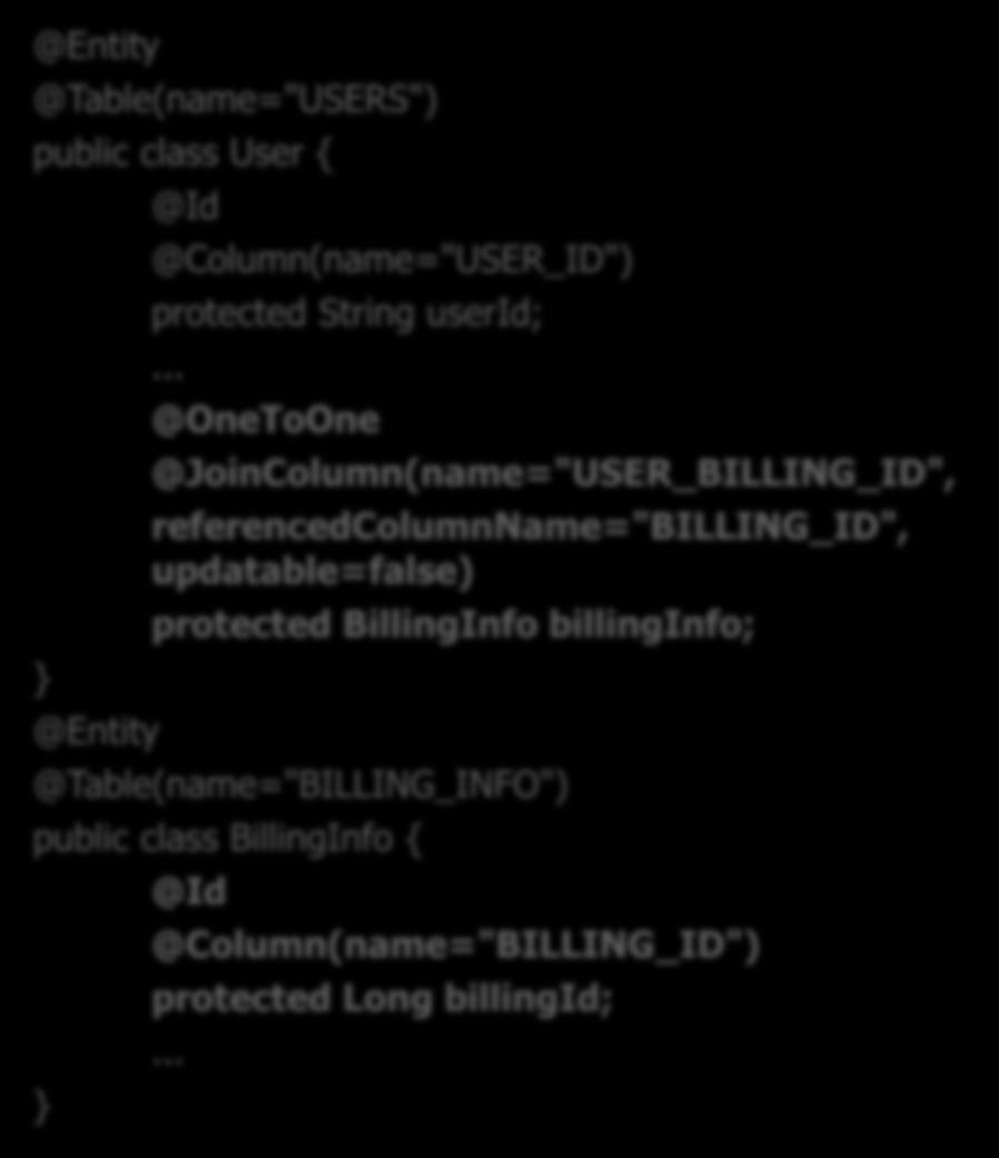 일대일관계매핑 (1/2) @JoinColumn 을이용한매핑 @Table(name="USERS") public class User { @Column(name="USER_ID") protected String userid; @OneToOne @JoinColumn(name="USER_BILLING_ID",