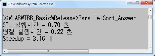 LAB : parallel_sort 와 STL sort 비교하기 설명 1000 만개의대량데이터를각방법으로빠르게정렬한후각실행시간을비교해본다. 1. STL 의정렬시간은몇초인가?