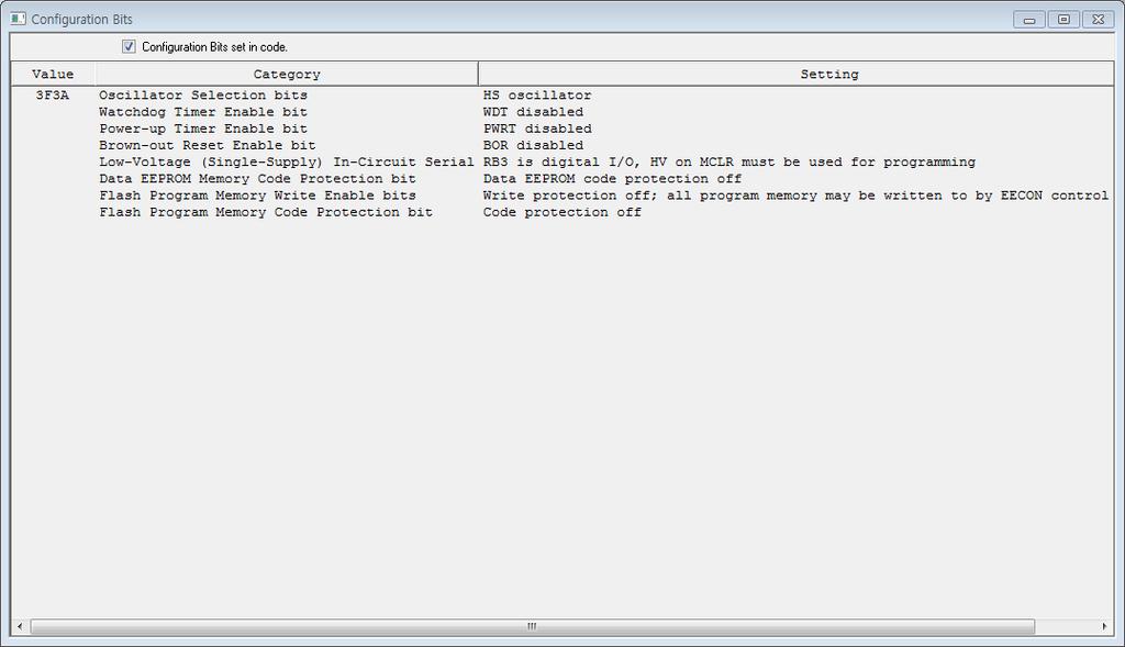 Rev V0. Date 0 /0/ PICFA 확장형개발보드매뉴얼 < 그림.> Configuration Bits 메뉴에서 PIC 퓨즈비트설정을위그림과같이설정을변경한다. < 그림.> 그림에퓨즈비트설정은아래와같다.