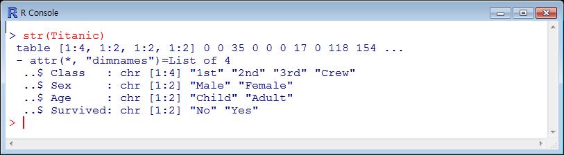 Ex 2. Dataset Titanic 데이터셋구조 4 차원테이블 각속성값 Titanic은 4차원테이블로구성 테이블은다음속성들을포함 Class: