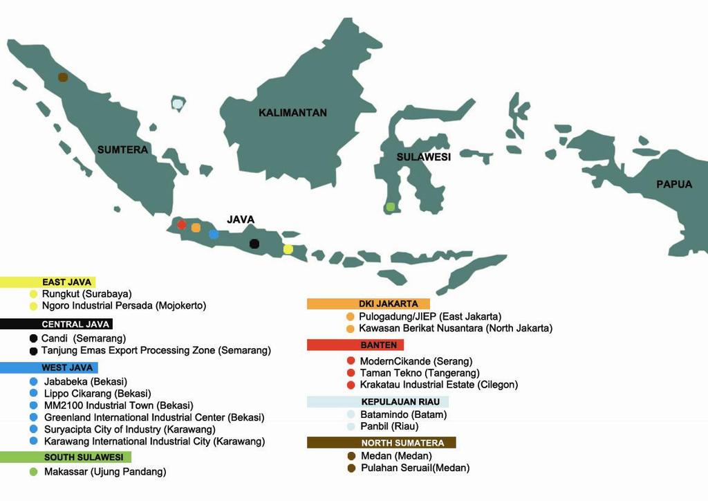6. 투자입지여건 가. 주요공장입주지역 2012 년현재인도네시아전체산업단지면적은약 500,000 ha 정도로추정된다. 인니전지역에공단개발이가능하나도로, 전기, 가스등각종인프라여건이뛰어난자바섬에많은공단이집중되어있다. 특히자카르타를둘러싼자바섬서부에서동부를중심으로전체공단의 75% 가위치해있다.