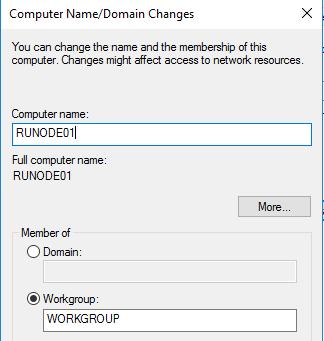 신규로설치된 Windows Server 2016 서버의컴퓨터이름을 RUNODE01 로다시 설정합니다. 5. RUNODE01 서버의 Public 네트워크카드의 TCP/IP 설정을확인한후, 다시 CORP.CONTOSO.