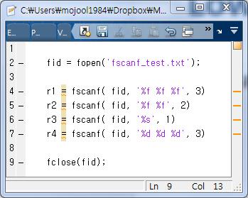 함수 A = fscanf( fid, format, size ) 파일