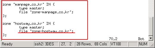 < 그림 1-8 /etc/named.conf의 zone-file 설정 > HOSTWAY SYSTEM TEAM. /etc/named.conf 에서나머지는모두디폴트로사용하지만, < 그림 1-8> 1과 2는네임서버사용을하기위해서반드시설정을해줘야하는부분이다.