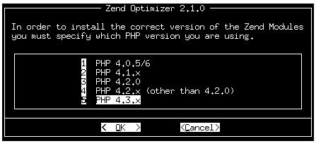 < 그림 12-6 php 버전수동선택 > php 버전을수동으로선택한다. 여기서설치한것은 php-4.3.2 이므로 5번 4.3.x 를선택한다. OK 를선택해서다음으로넘어가면설정이모두되었다는멘트창이뜨며, apache를재시작할것인지묻는창이뜬다.