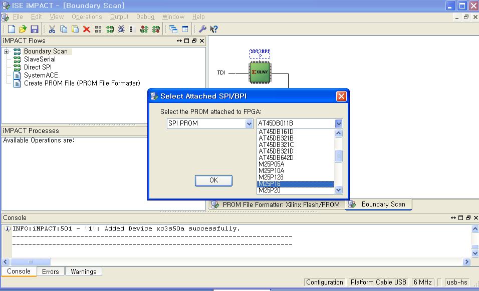 ELS-MB500A Manual V..0 [0-0-08] 클릭하면우측에 XILINX IC 모양과 SPI/BPI 창이뜬다. SPI/BPI 을클릭한다. 클릭하면위에서생성된 *.MCS 파일을 LOAD 한다.