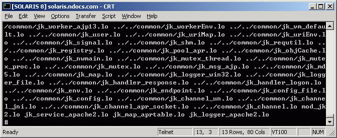 # cd /export/home/tomcat_inst/jakarta-tomcat-5.0.29-src/ jakarta-tomcat-conntors/jk/native2/server/apache2 # ls # make f Makefile.