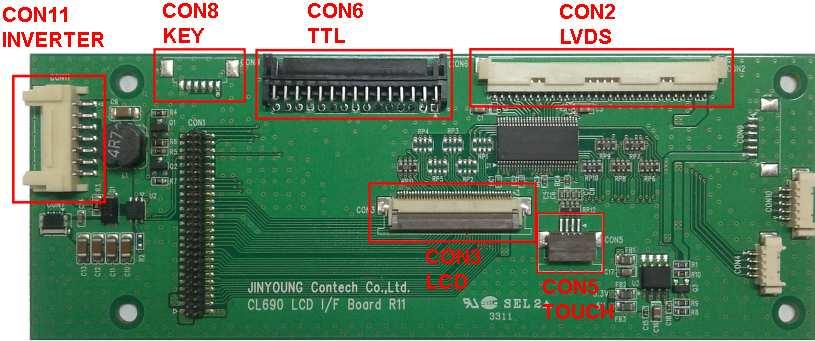 jemb11 Sub Board CON11 - INVERTER PIN 설명 1,2 12V 3 NC 4 BL ENB 5 BL DIM 6,7 GND CON8 - KEY PIN 설명 1 3.