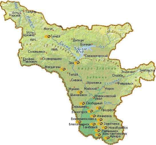 2. 자연환경 2.1 지형 < 그림 -3> 지형 아무르주는러시아연방의동남쪽에위치하며, 20개행정구, 9개시및 29개도시형마을, 280개의농촌마을로구성되어있으며, 극동지역의남서부스타노보이산맥과아무르강사이에위치한다. 아무르주는하바로프스크변강주, 사하공화국, 유태인자치주, 치타주및중국과경계를이룬다.