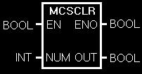 펑션설명 입력 EN : 1 일때펑션실행 NUM : Nesting (0~15) 출력 ENO : MCSCLR 명령이실행되면 1 을출력 OUT : MCSCLR 명령이실행되면 1 을출력 기능 Master Control 명령을해제합니다. 그리고, Master Control 영역의마지막을가리킵니다.