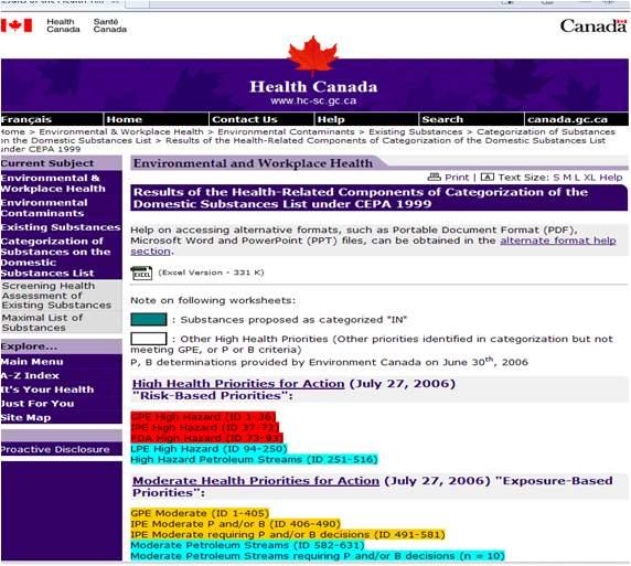 제 2 장연구내용및방법 17 [ 그림 8] 캐나다의 DSL 물질중 CMR 물질검색 http://www.hc-sc.gc.