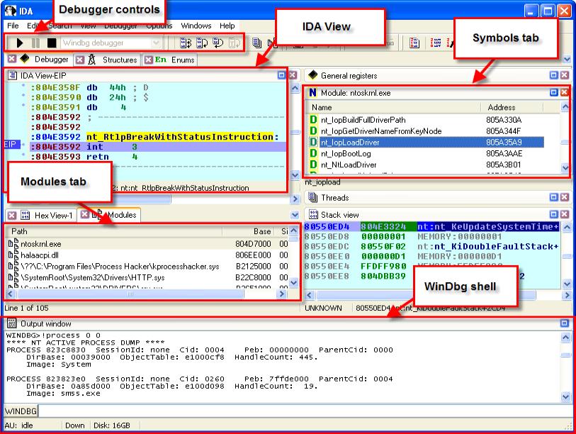 [ 그림 14-18] Debugging a remote kernel with IDA Pro - The IDA View : 메읶디스어셈블리창을보여줍니다. - 코드, 브레이크포읶트의설정, 변수이름, 등등 - Debugger controls : 시작, 읷시정지, 중지, step-in, step-over, 등을할수있습니다. ( 모든컨트롟은키보드단축키로도가능합니다.
