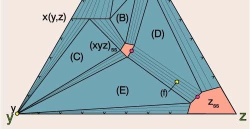 만일공존선상에 X bulk 가존재 (f) 전암성분도시 X bulk in 3-phase triangles F = 2 (P & T) so X min fixed Figure 24-2.