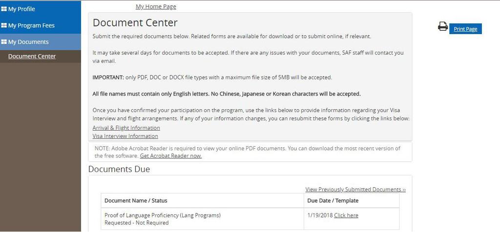 My Documents Document Center: 지원서류확인및업로드 작성시주의사항 서류목록확인후 SAF 양식으로제출해야하는서류는 Check here 를클릭하고양식다운로드후업데이트 Required 라고표기된서류는업로드필수 서류업로드는오직 PDF