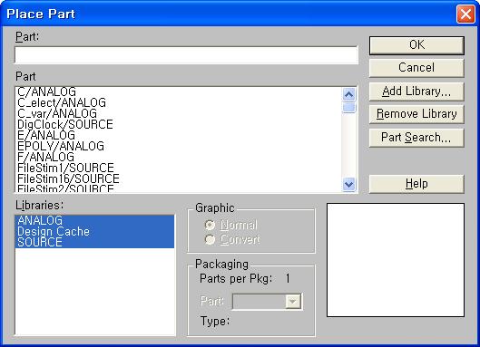 Pspice 실행 9. Tool Bar 에서 Part 를선택한다. Library 경로 C Program Files OrcadLite Capture Library Pspice 여기안에있음!