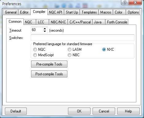 Bricx CC 설정 메뉴의 [Edit] [Preference] 를선택하여위의창을띄운다 [Compiler] 탭의