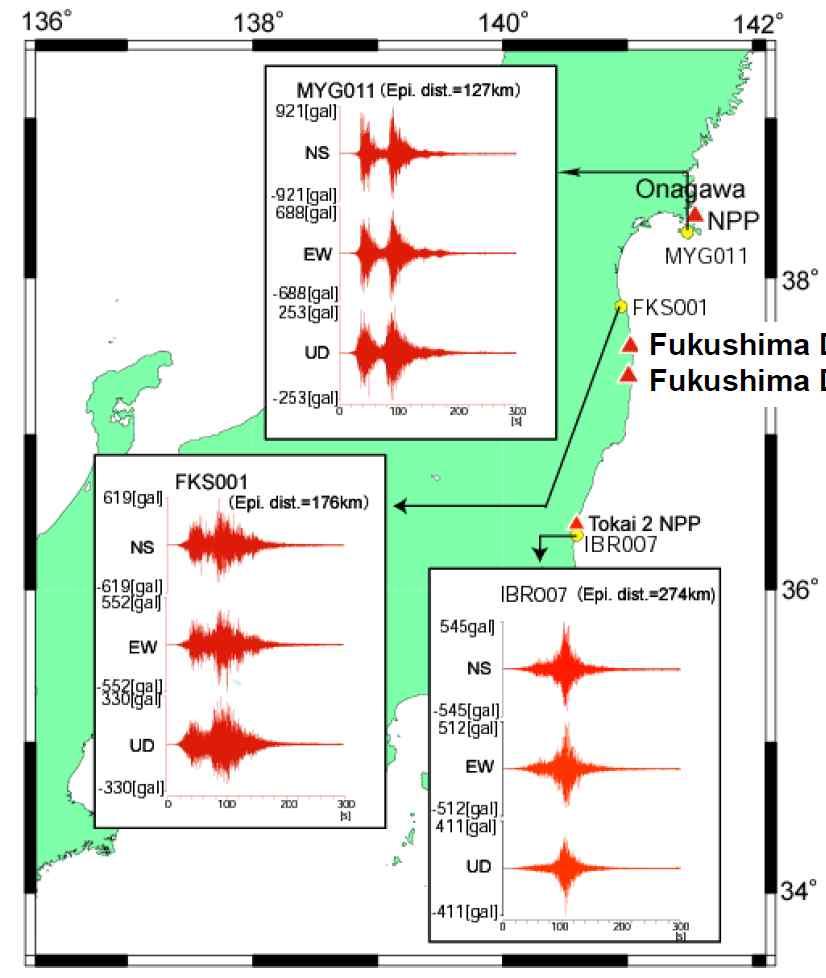 1> 후쿠시마제 1 원전에서관측된지진가속도와설계기준과의비교 관측위치 관측값 (gal) 설계기준지진, Ss (gal) 남 - 북 (NS) 동 - 서 (EW) 상향 (UP) 남 - 북 (NS) 동 - 서