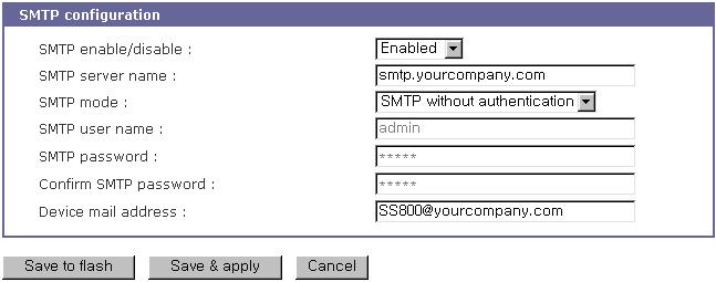 Device mail address는모든로그및경고전달 email 위한발신자, 즉, STS 시리즈의메일주소를지정합니다. SMTP Server는유효성을위해 email 주소의호스트도메인이름만을확인합니다. 따라서, 장치에대한 email 주소설정은등록된호스트이름 (i.e. arbitrary_user@yahoo.com or anybody@sena.