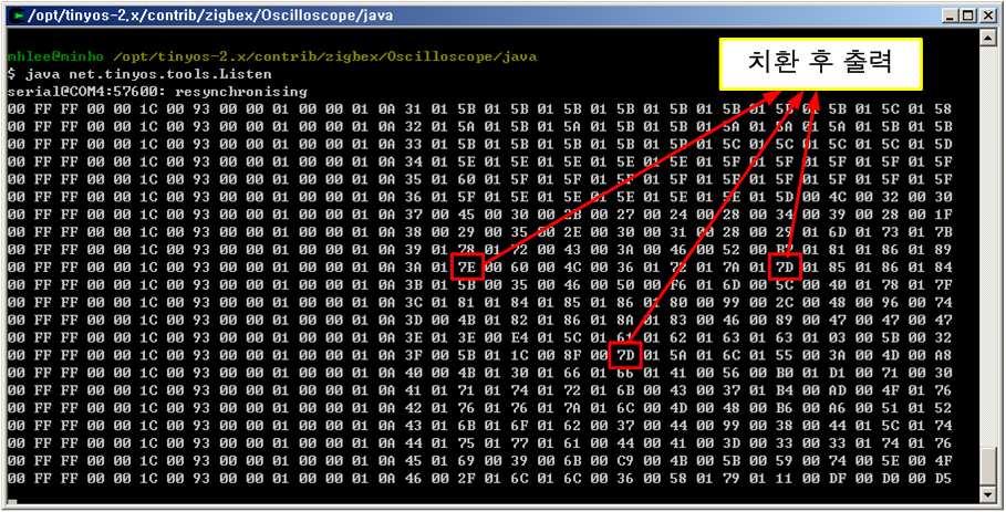 TOS Message 확인 - I Java Listen 프로그램실행환경변수설정명령어 export MOTECOM=serial@COMX:57600 프로그램실행명령어 ( 대소문자주의 )