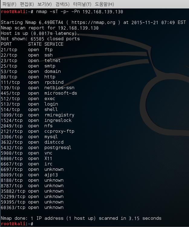 TCP Open 스캔 -옵션:-p- -Pn 모든포트를대상으로스캔시도검색하지않았던 port 까지검색 (Unknown) 스텔스 (Stealth) 스캔 - Log기록을남기지않는다 TCP half Open 스캔 (= SYN스캔 )