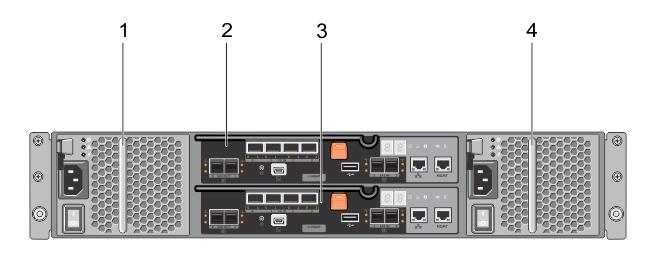 후면패널구조및표시등 그림 4. 후면패널구조및표시등 - Dell PowerVault MD3800f 및 MD3820f 시리즈 1. 600W 전원공급장치 / 냉각팬 2.