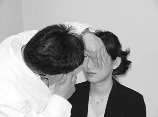 Ophthalmoscopic examination of nystagmus. Covering the other eye while observing the disc of one eye would reveal nystagmus without fixation.
