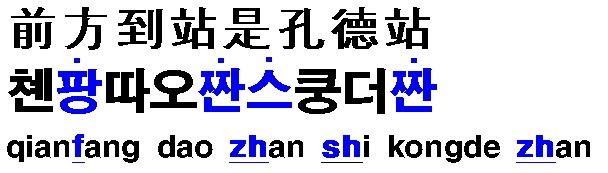 2-2. 아래의중국어를방점한글방식으로표현하는데있어서, < 팡짠스짠> 의글자는 <f, zh, sh, zh>