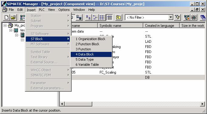생성 File: PRO1_11E.11 DB 생성 Share DB ( 공유 DB) 새로운은 SIMATIC Manager 에서 S7 Program 블록폴더를선택한다음위슬라이드와같은메뉴를선택합니다. LAD/STL/FBD 편집기에서는다음과같은메뉴를사용하여새로운을생성할수있습니다.