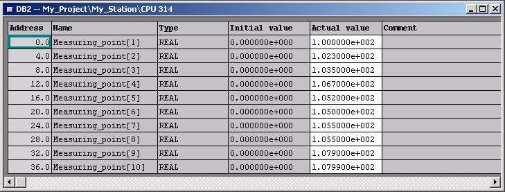 8 Array DB에서의 array 정의 Initial Value ( 초기값 ) Data View Array 는위슬라이드에서처럼동일한타입의데이터로이루어져있습니다. REAL 데이터타입으로정의된 "Measuring_point" array 를볼수있습니다. 이후로여러측정값들이이 Array 에저장될것입니다.