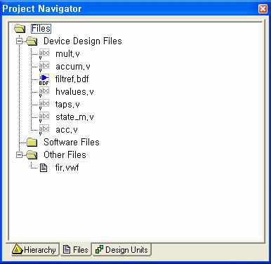 설계 S/W 기본사용법 [ 그림 4-4] Hierarchy Display 2) Project 선언 [ 그림 4-5] 와같이 Quartus II 프로그램은 File ->